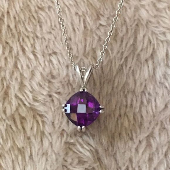 Faceted Purple Amethyst Cushion Cut Pendant and Sterling Silver 18 inch Necklace - Picture 3 of 9